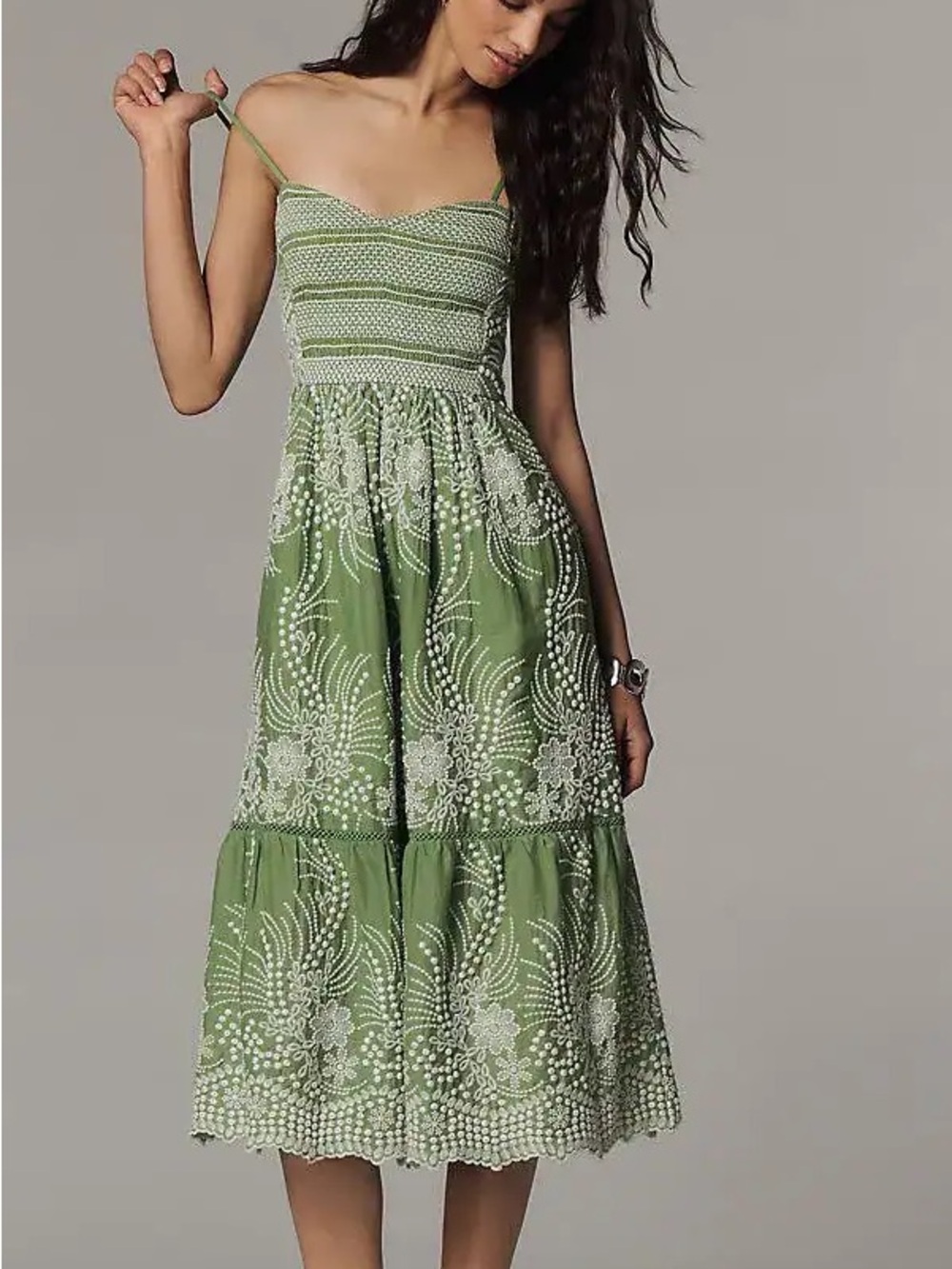 By Anthropologie Sleeveless Sweetheart Tiered Midi Dress in Green NWT